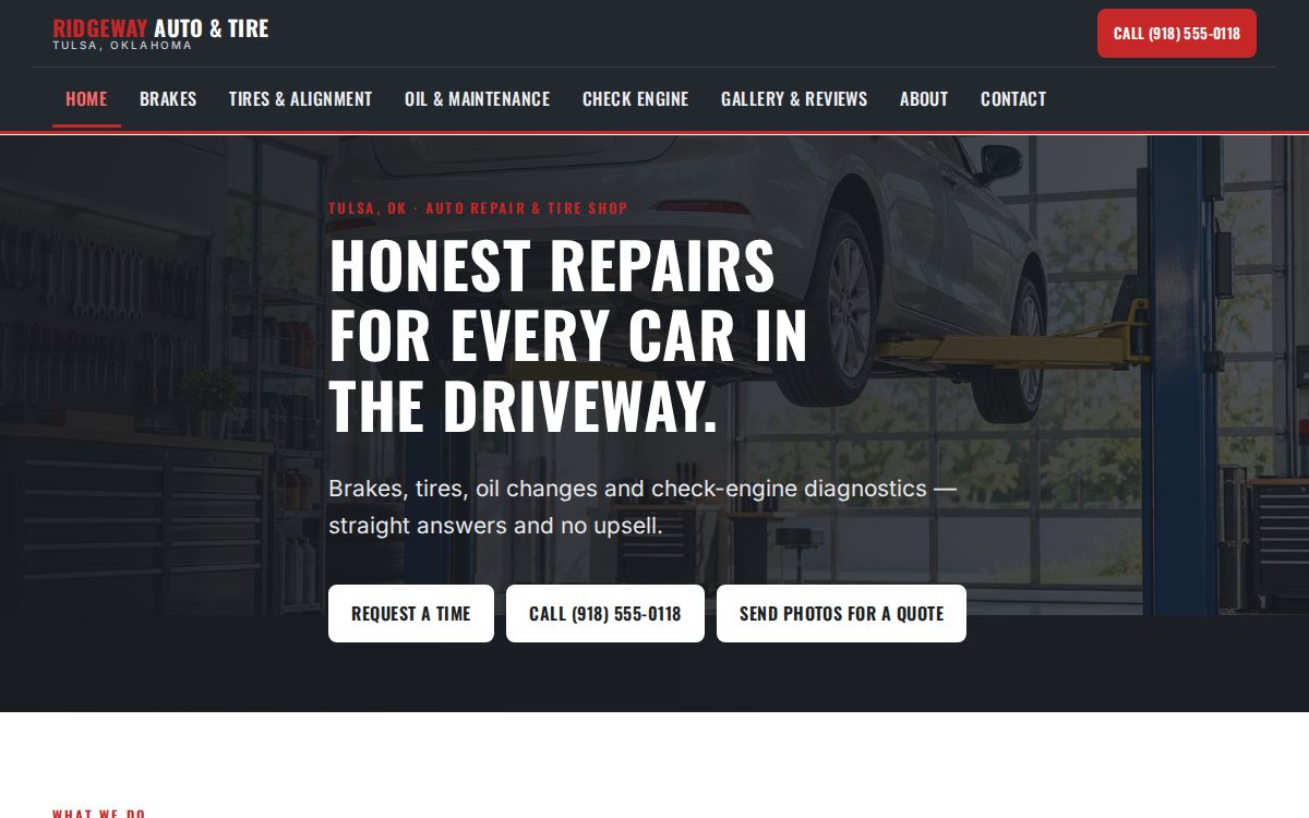 Example homepage for a fictional auto repair shop