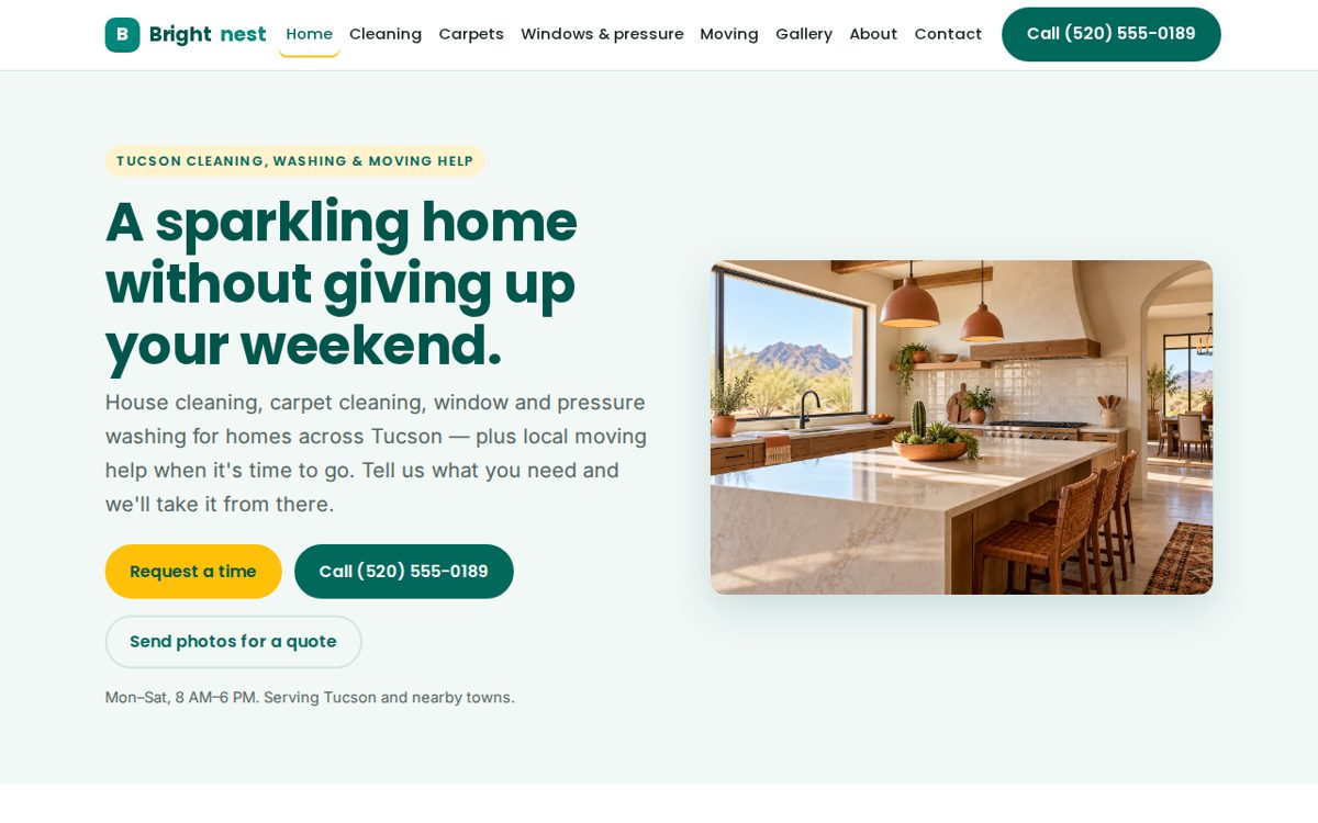 Example homepage for a fictional cleaning company