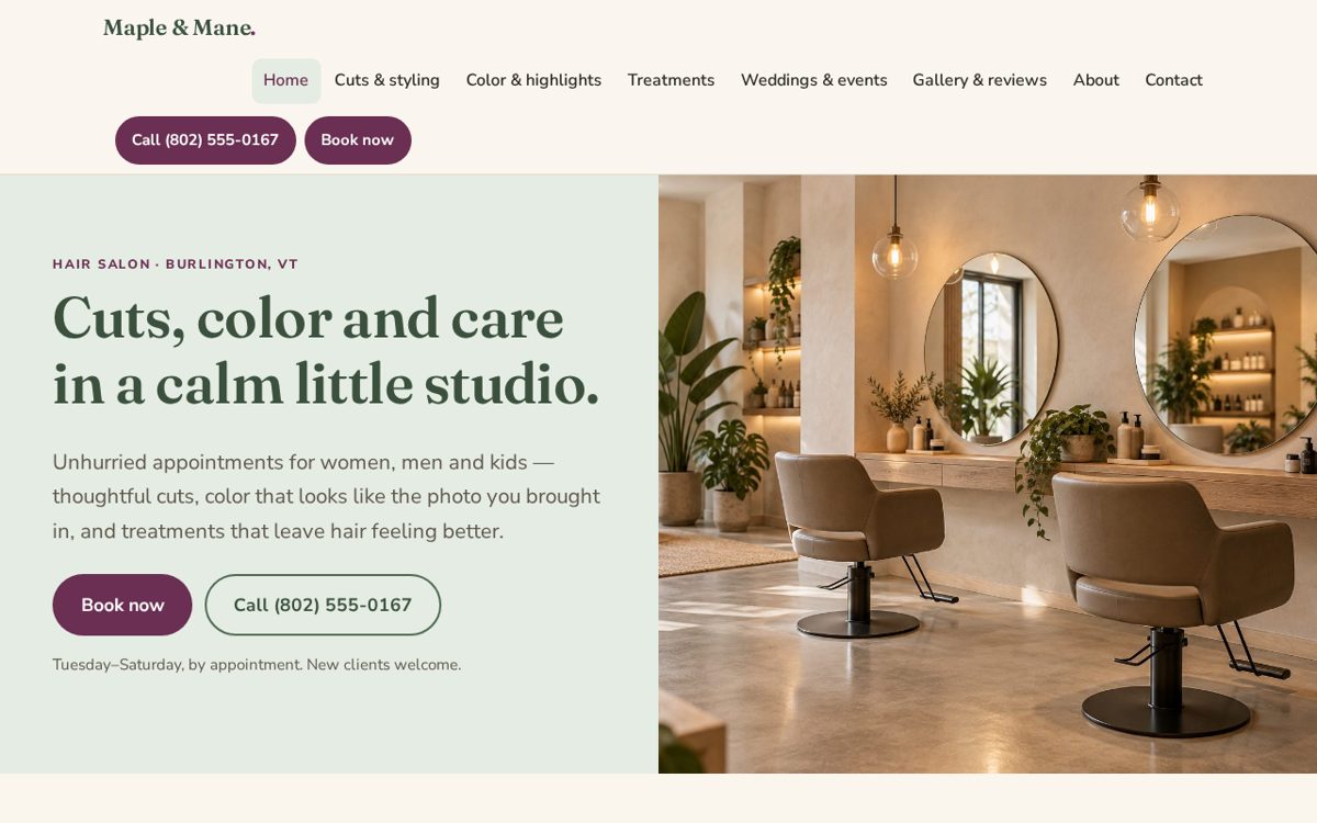 Example homepage for a fictional hair salon