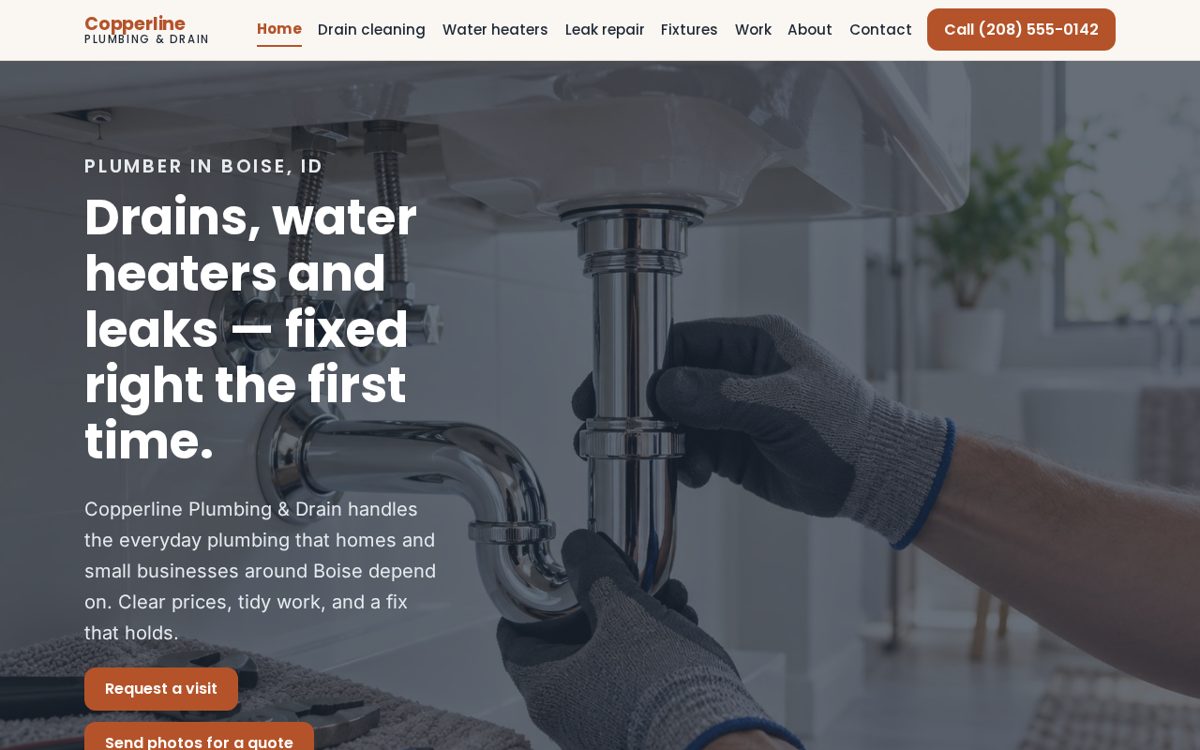 Example homepage for a fictional plumbing business, shown on a laptop screen