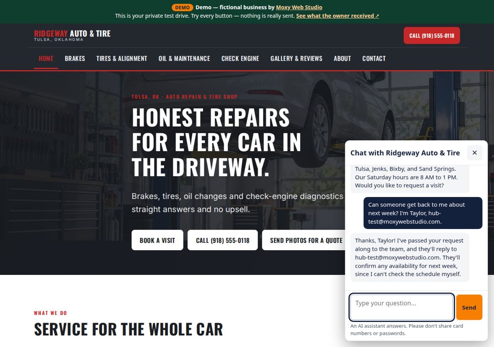 Screenshot: Website chat — Ridgeway Auto & Tire