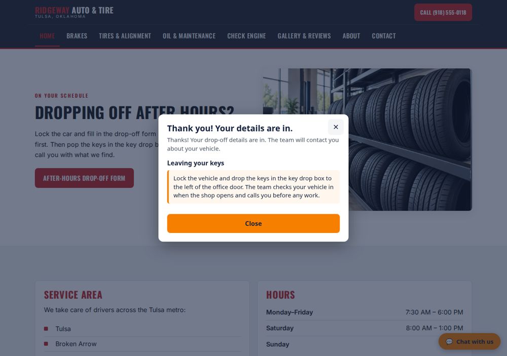 Screenshot: After-hours drop-off — Ridgeway Auto & Tire