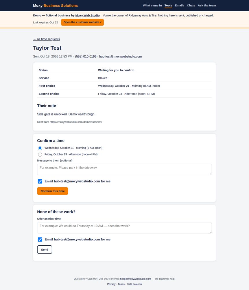 Screenshot: Confirm, reply, follow up — Ridgeway Auto & Tire