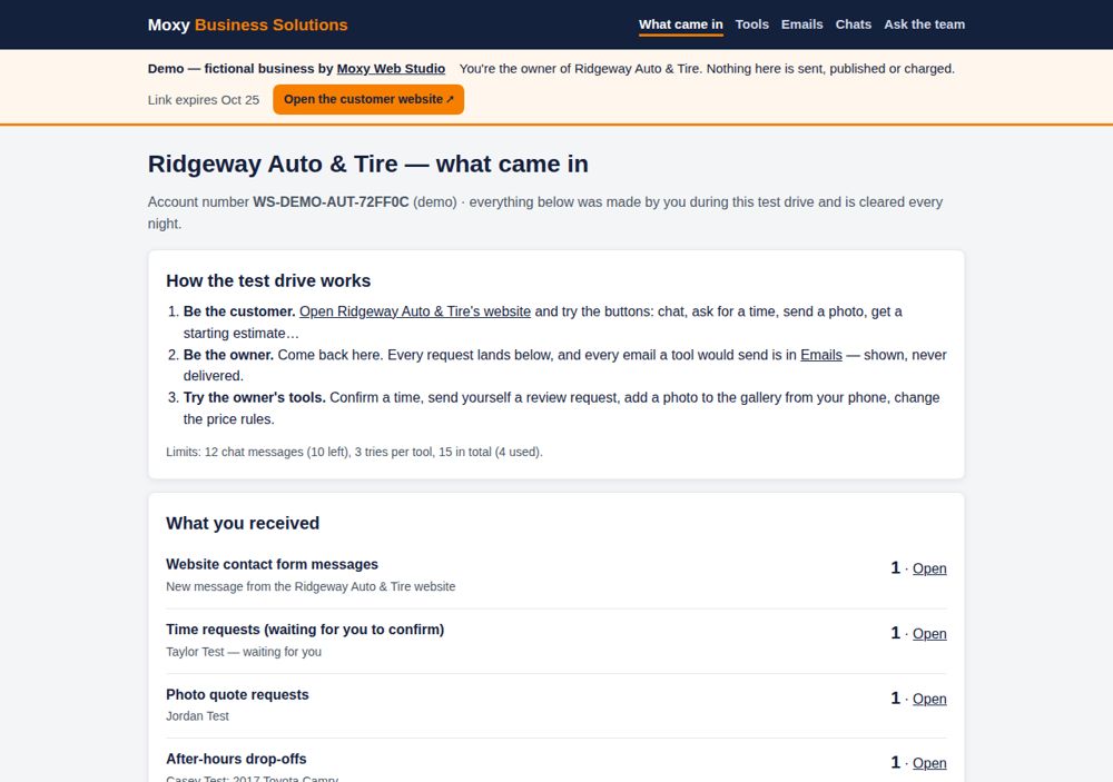 Screenshot: What the owner receives — Ridgeway Auto & Tire