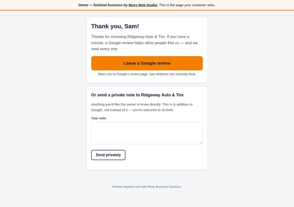 Screenshot: Review requests — Ridgeway Auto & Tire