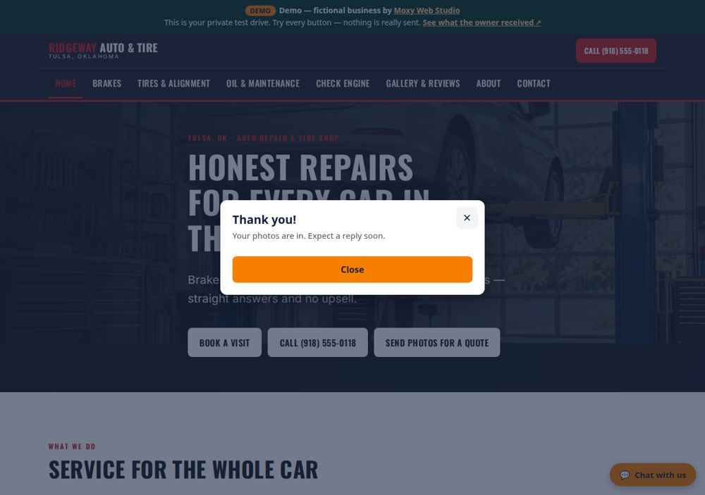 Screenshot: Quote request with photos — Ridgeway Auto & Tire