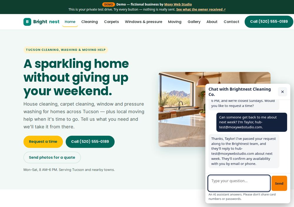 Screenshot: Website chat — Brightnest Cleaning Co.