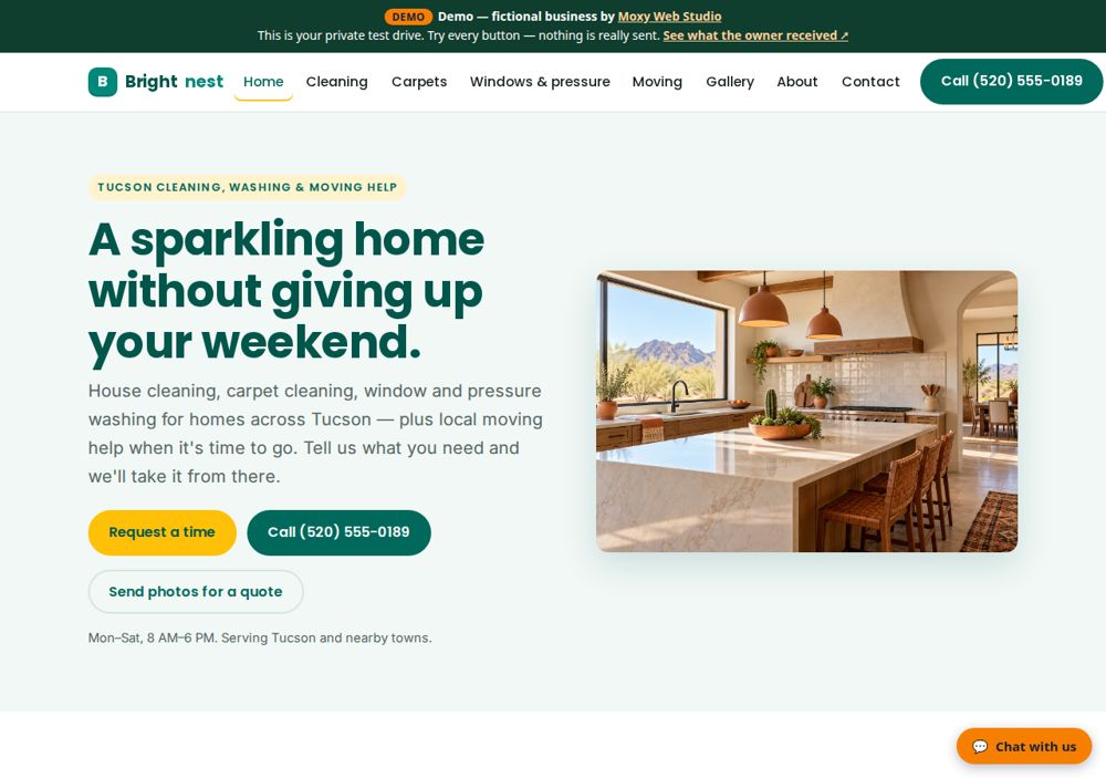 The home page of Brightnest Cleaning Co.