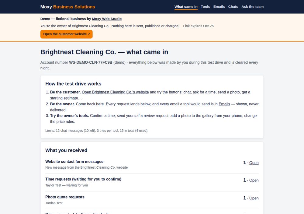 Screenshot: What the owner receives — Brightnest Cleaning Co.