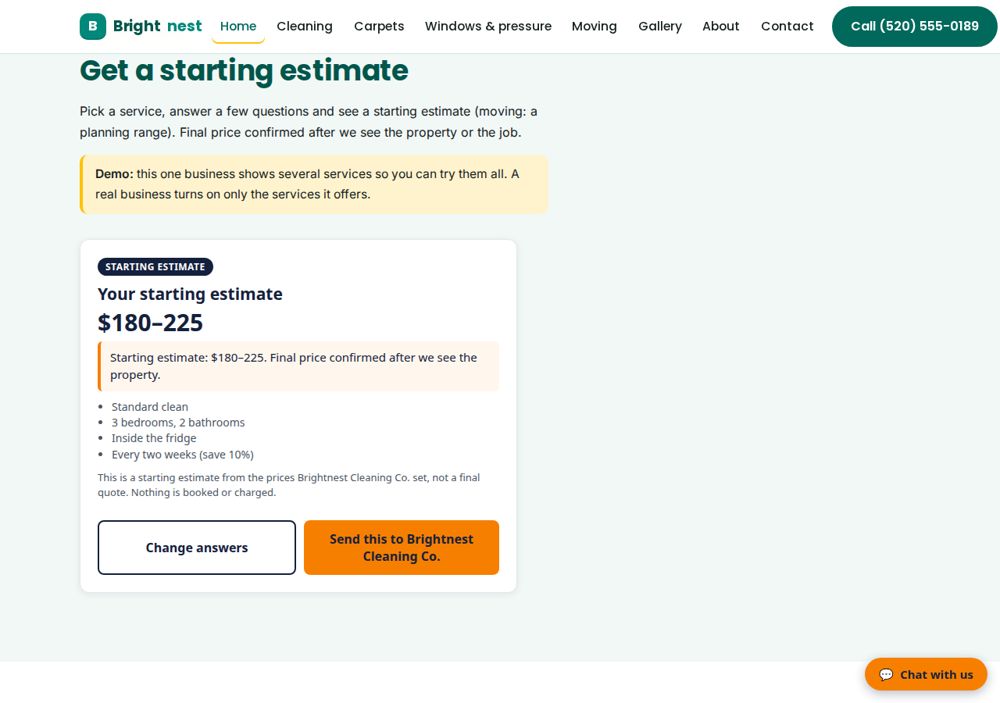 Screenshot: Get a price — Brightnest Cleaning Co.