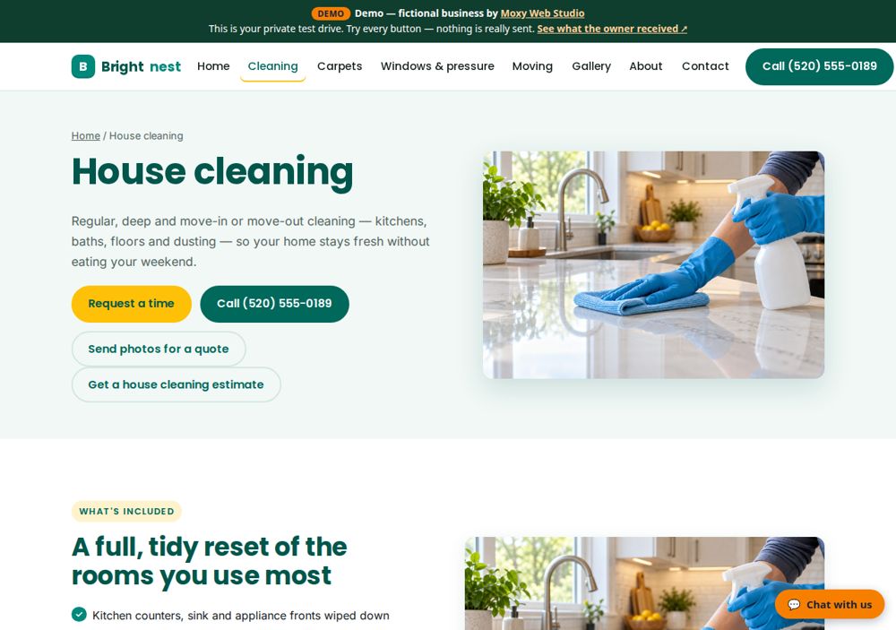 Screenshot: A page for each main service — Brightnest Cleaning Co.