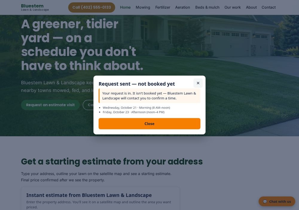 Screenshot: Request a time — Bluestem Lawn & Landscape