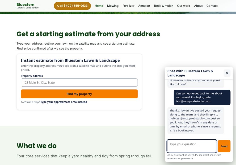 Screenshot: Website chat — Bluestem Lawn & Landscape