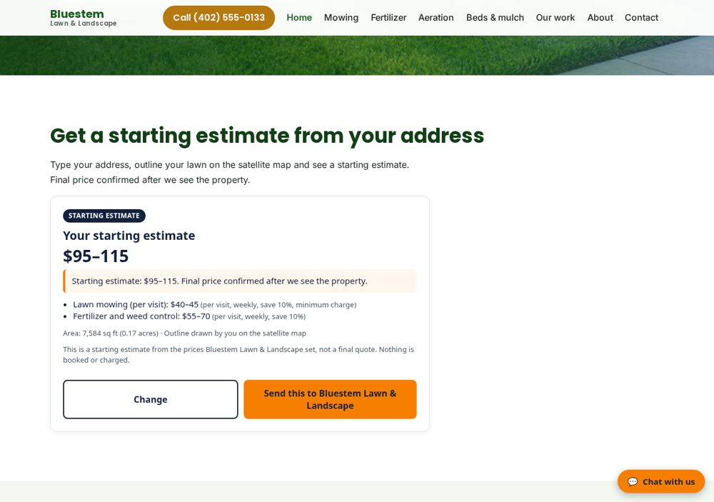 Screenshot: Starting estimate from the address — Bluestem Lawn & Landscape