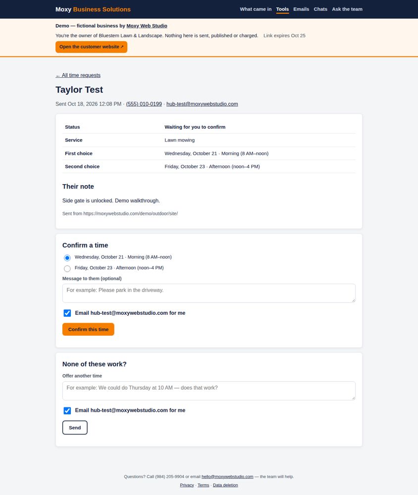 Screenshot: Confirm, reply, follow up — Bluestem Lawn & Landscape