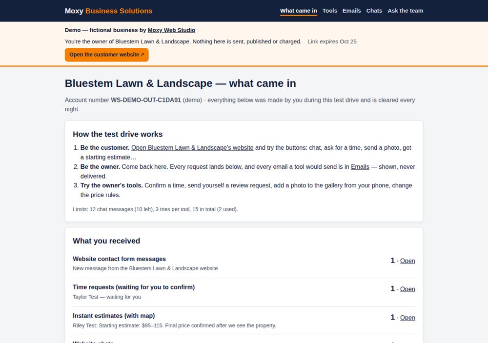 Screenshot: What the owner receives — Bluestem Lawn & Landscape