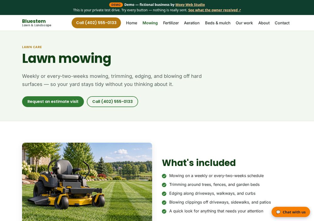 Screenshot: A page for each main service — Bluestem Lawn & Landscape