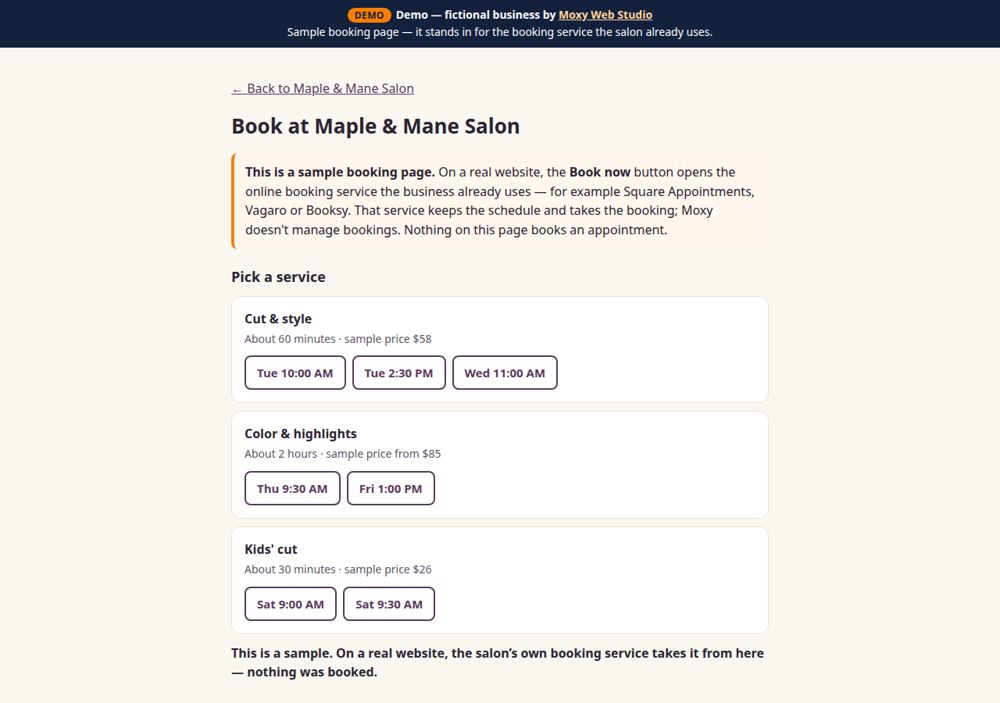 Screenshot: Book button — Maple & Mane Salon
