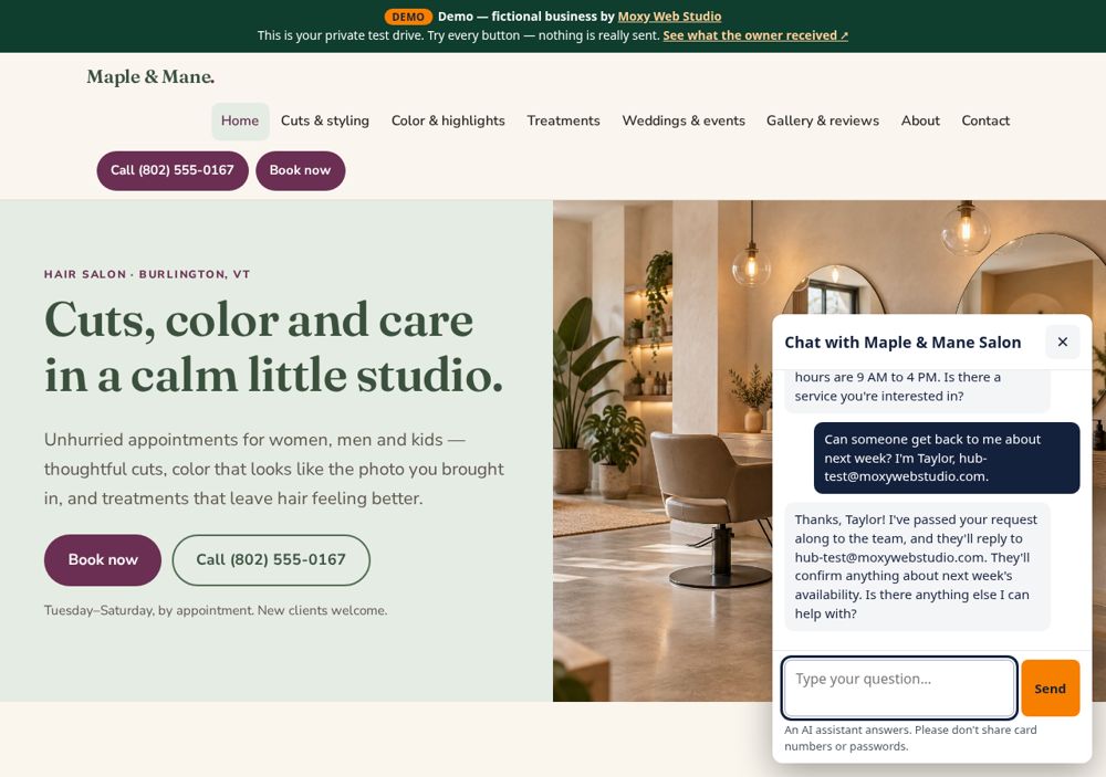 Screenshot: Website chat — Maple & Mane Salon