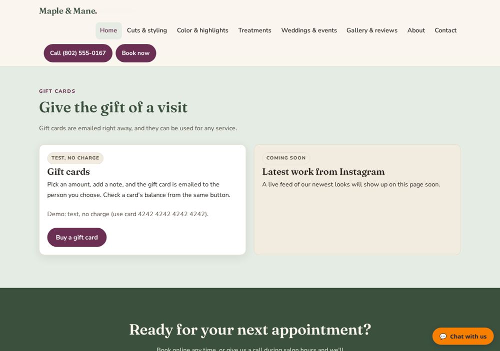 Screenshot: Gift cards (test, no charge) and the Instagram feed labeled Coming soon — Maple & Mane Salon