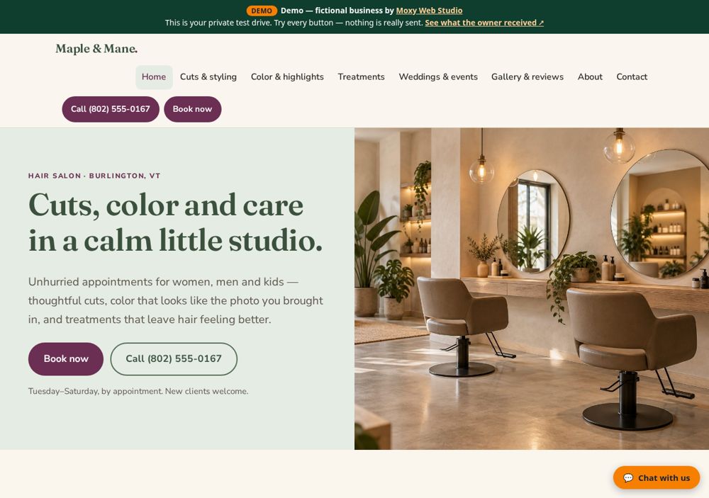 The home page of Maple & Mane Salon