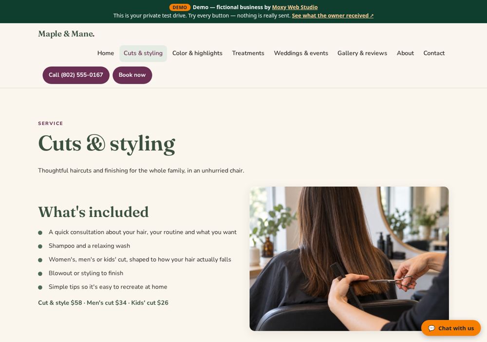 Screenshot: A page for each main service — Maple & Mane Salon