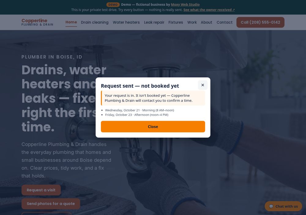 Screenshot: Request a time — Copperline Plumbing & Drain