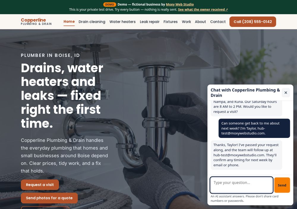 Screenshot: Website chat — Copperline Plumbing & Drain