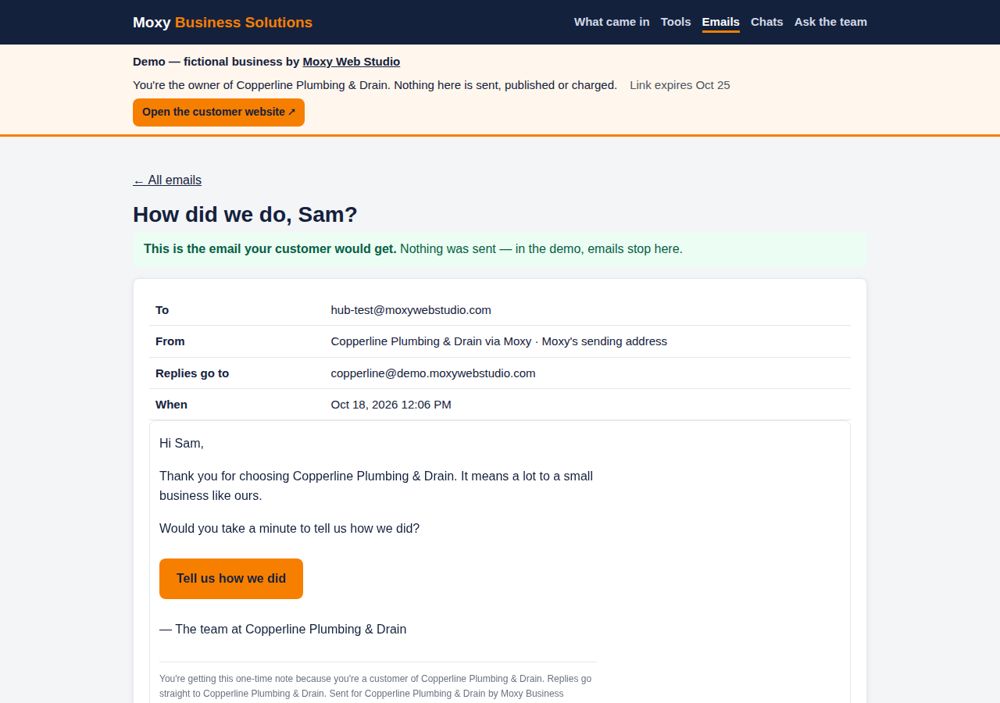 Screenshot: Every email, shown — never sent — Copperline Plumbing & Drain
