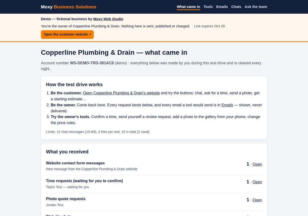 Screenshot: What the owner receives — Copperline Plumbing & Drain