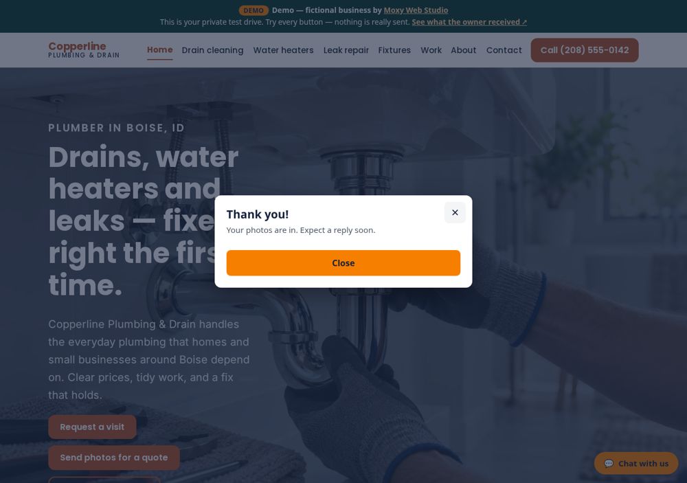 Screenshot: Quote request with photos — Copperline Plumbing & Drain
