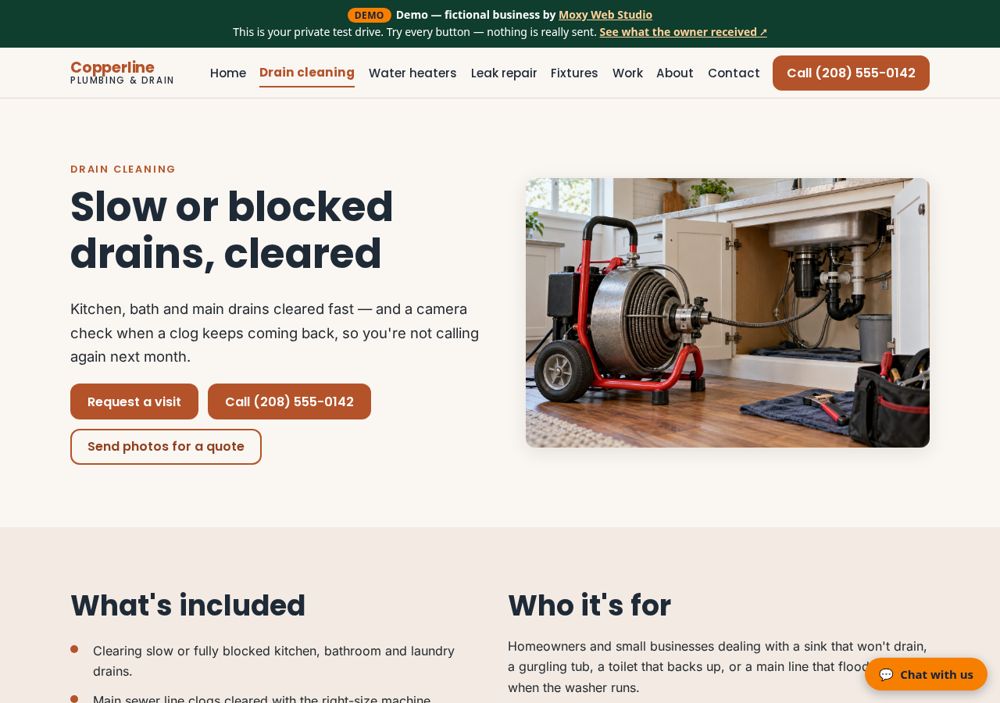 Screenshot: A page for each main service — Copperline Plumbing & Drain
